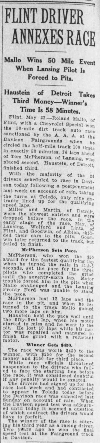 Davison Fairgrounds - May 23 1927 Article